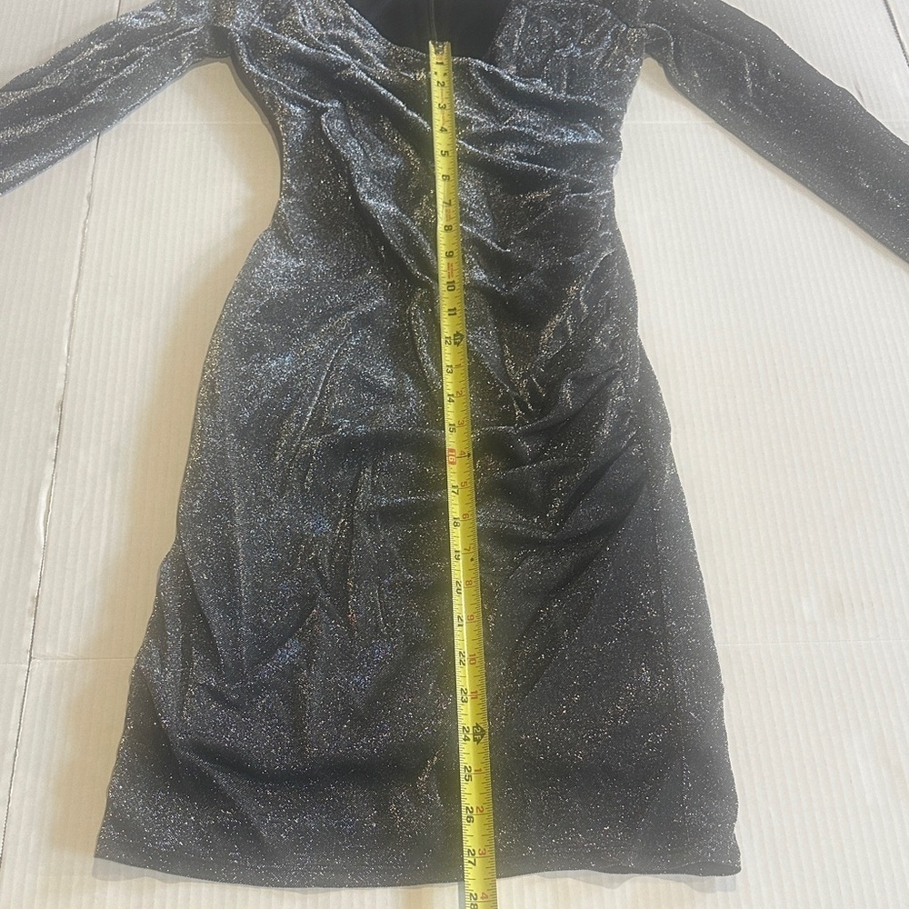 White House Black Market Elegant Black Glitter Dress with v neck and zipper back - Picture 4 of 8